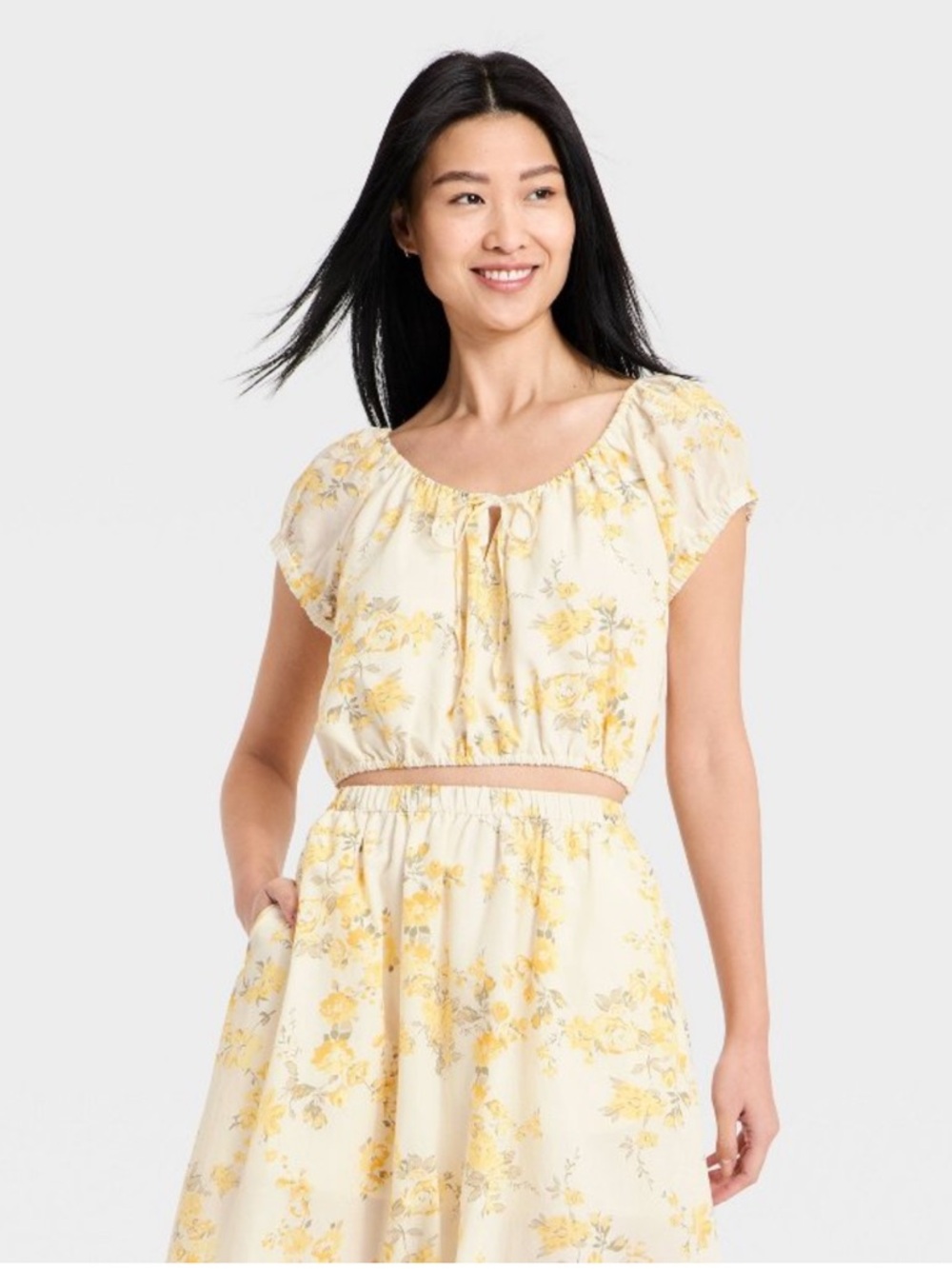 Set! Women's Short Puff Sleeve Tie Top & Skirt - A New Day™ White Floral XS NWT - Picture 2 of 5